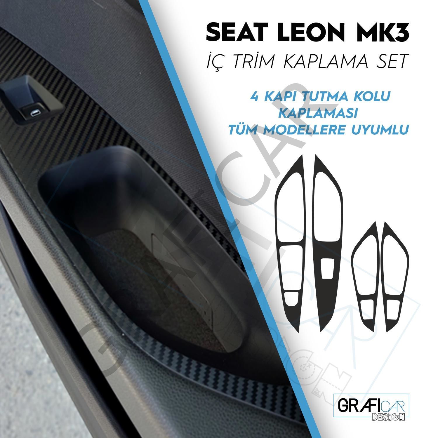 Seat Leon 5F/MK3 / 4 Kapı Kol Tutma Kaplama Sticker Seti MAT KARBON SİYAH