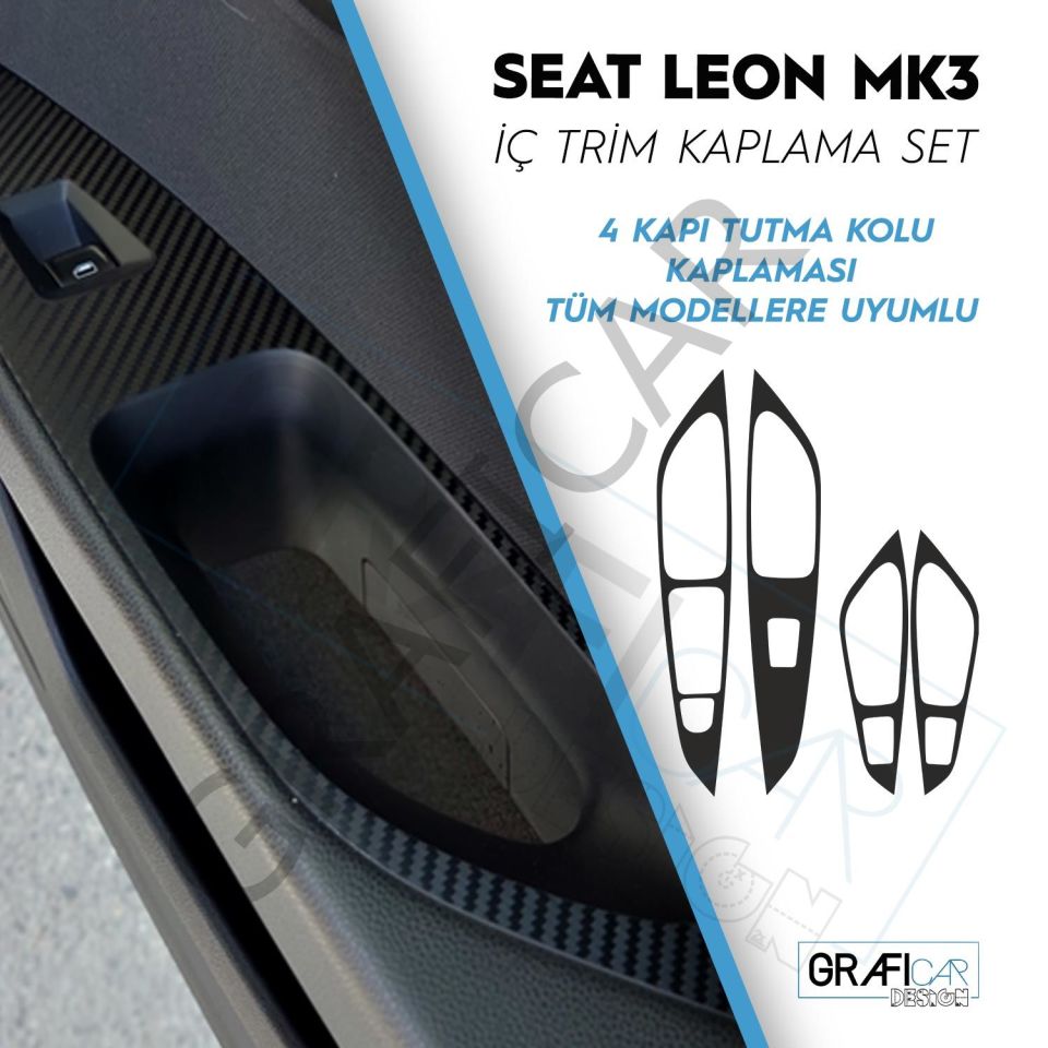 Seat Leon 5F/MK3 / 4 Kapı Kol Tutma Kaplama Sticker Seti MAT KARBON SİYAH