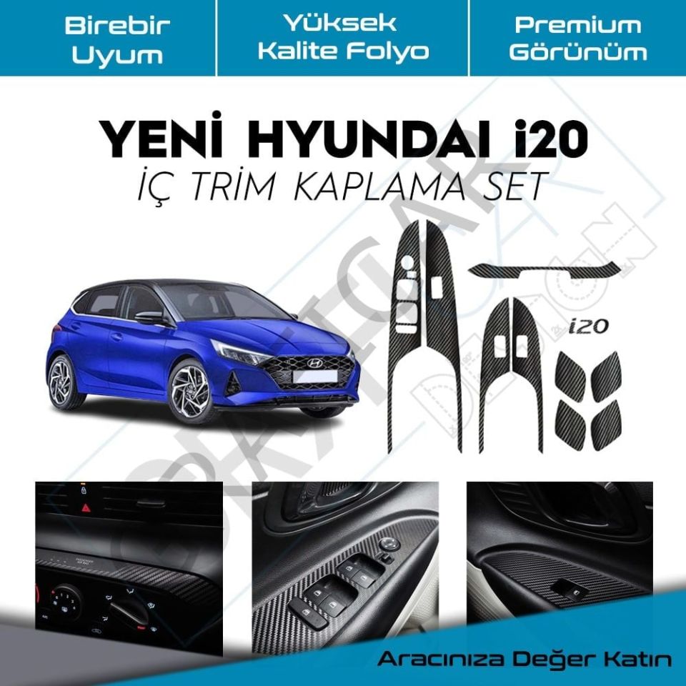 Hyundai i20 İç Trim Kaplama Set MAT KARBON SİYAH - BUTON VAR